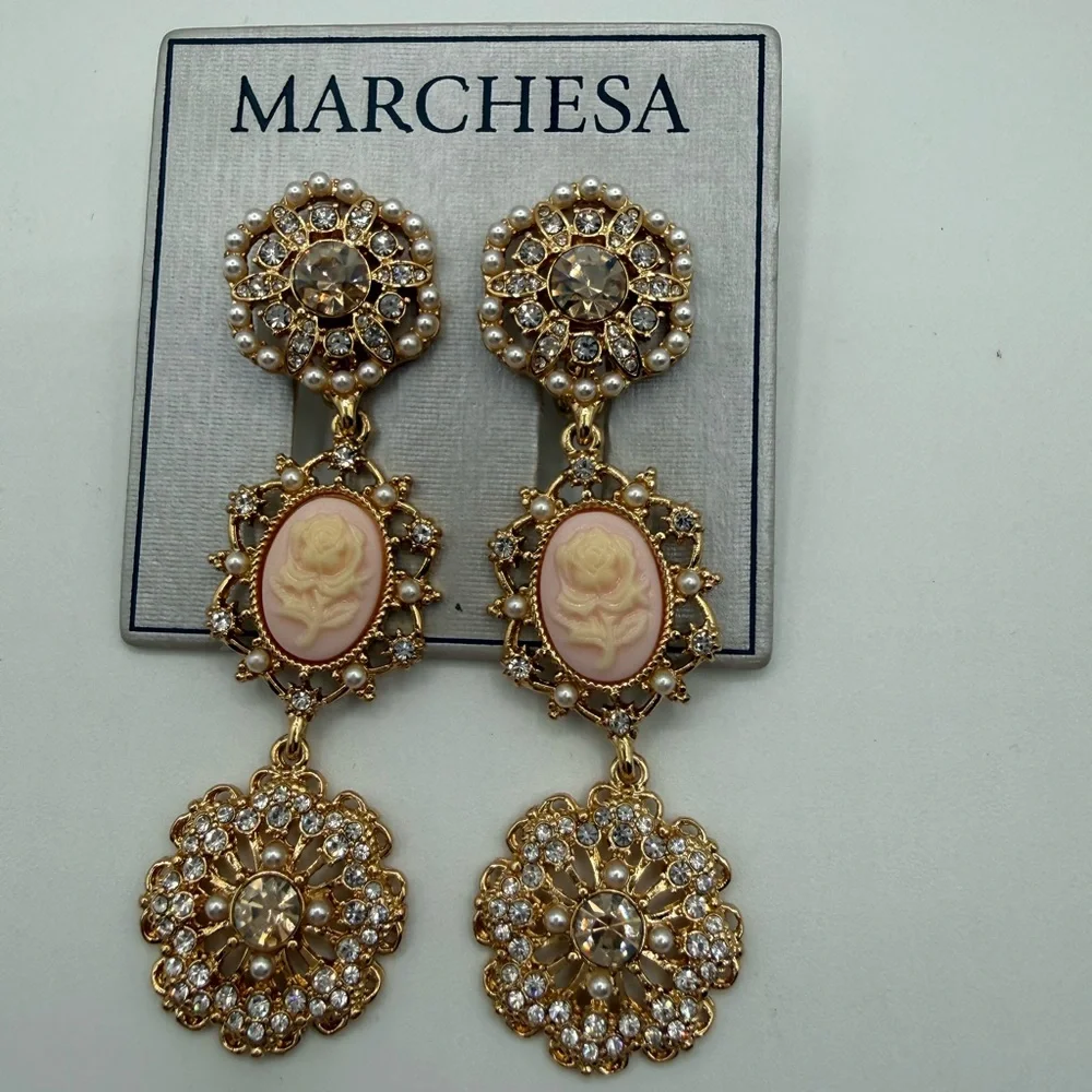 Marchesa Elegant Gold Cameo Rose Drop Earrings w/ Pearls & Crystals - Picture 3 of 16